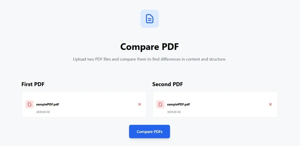 Compare PDF online tool showing two uploaded PDF files for comparison