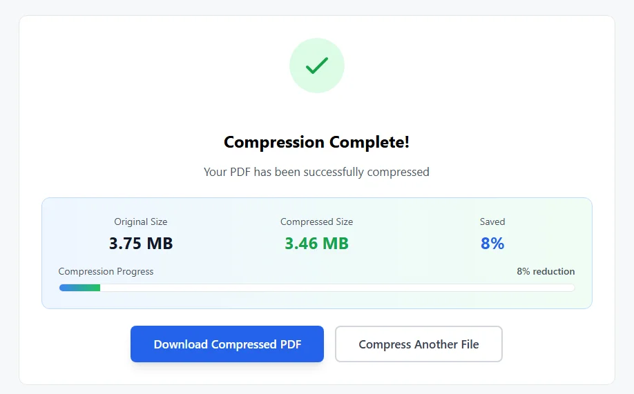 PDF compression complete screen showing 8% file size reduction from 3.75 MB to 3.46 MB with download option