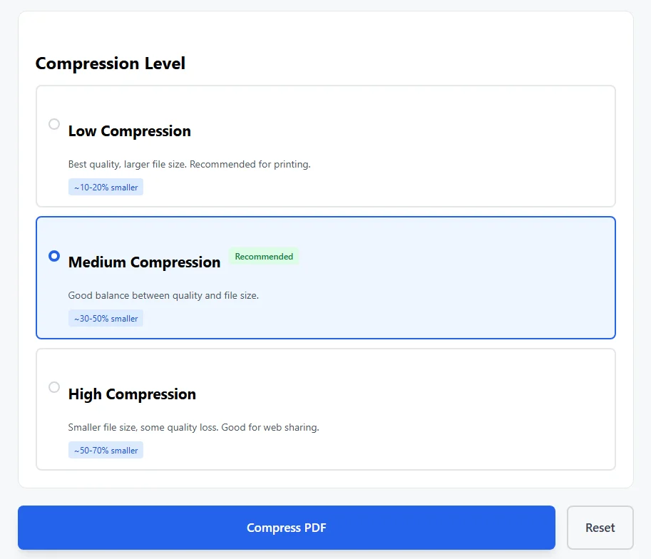 Compress PDF compression level selection interface with three options - Low, Medium (recommended), and High compression