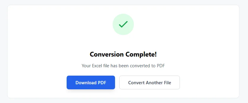 Convert EXCEL to PDF completion screen showing successful Excel file conversion with download option