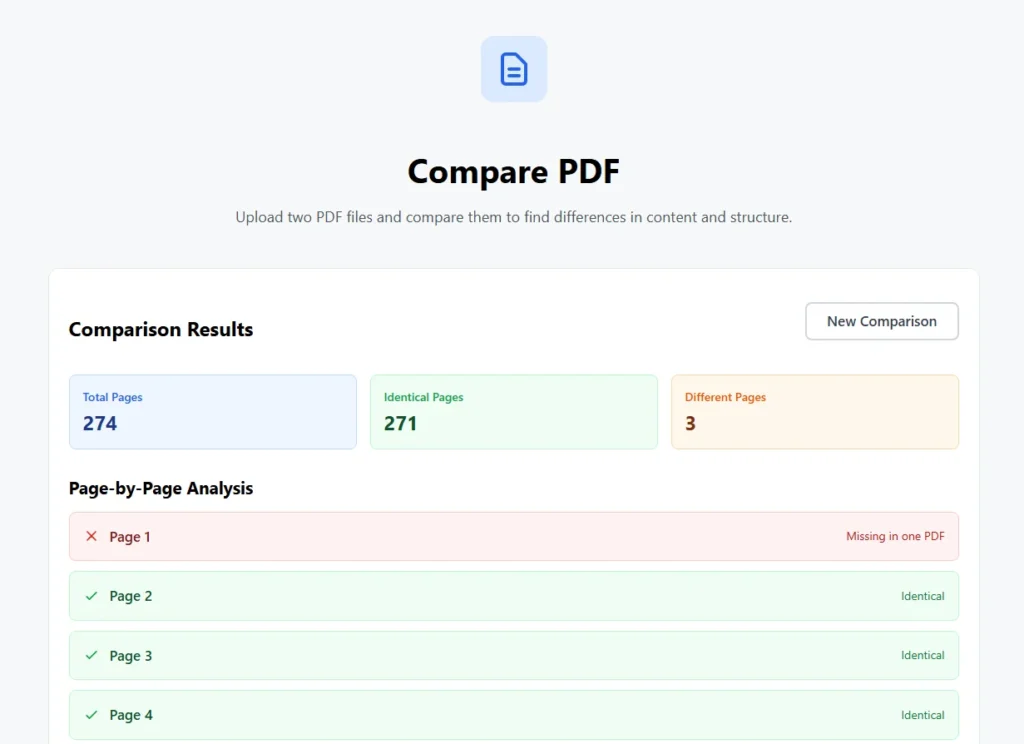 Compare PDF results showing identical and different pages in PDF comparison