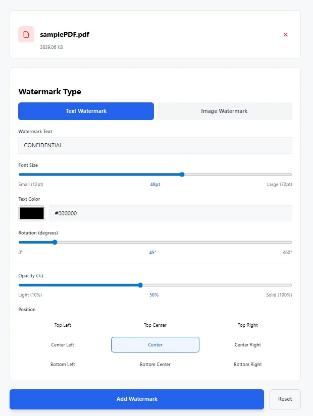 add watermark to pdf with text watermark settings online