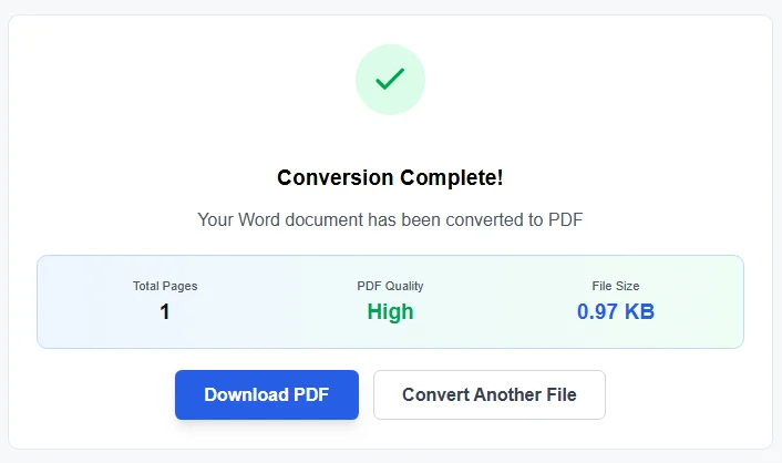 Convert WORD to PDF conversion complete success screen with download pdf option