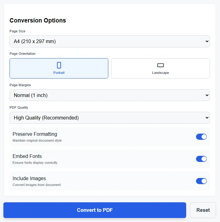 Convert WORD to PDF conversion options with page size orientation margins and high quality settings