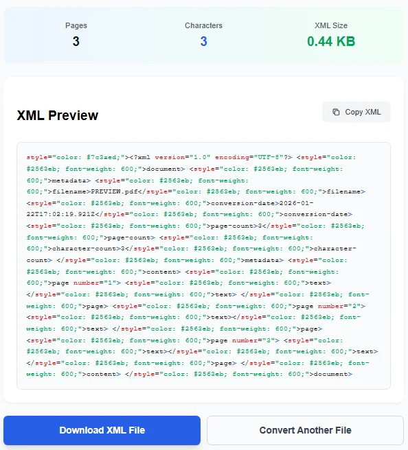 PDF to XML converter online free tool showing preview, download and export XML files interface