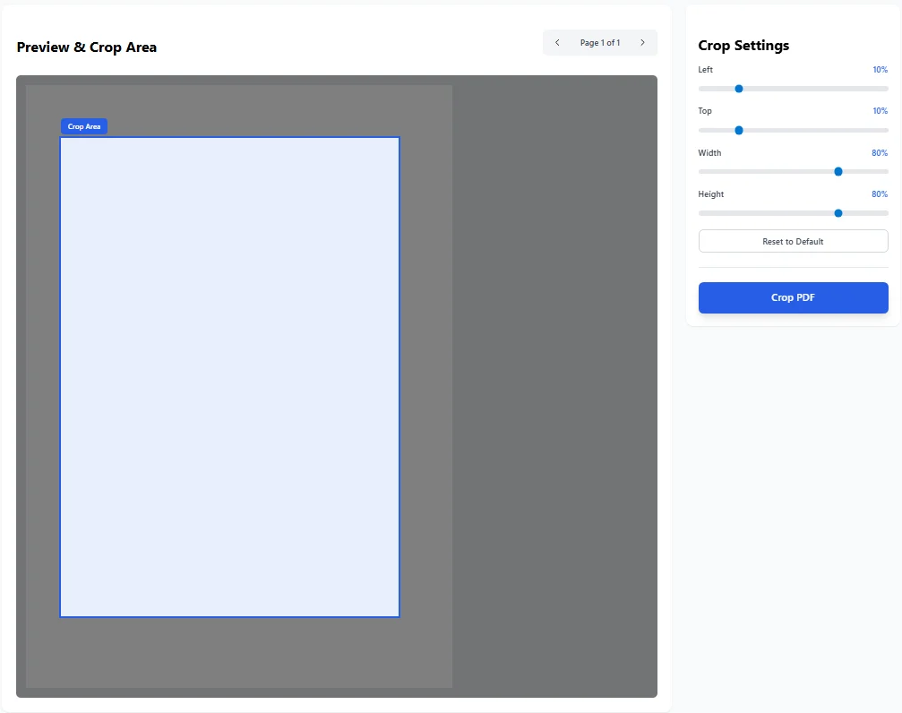Crop PDF tool preview showing how to adjust margins and page area visually