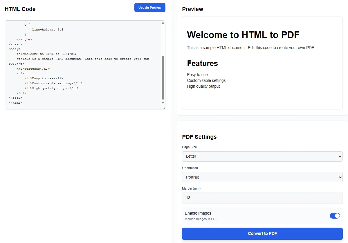 HTML to PDF online converter - write HTML code, live preview and PDF settings
