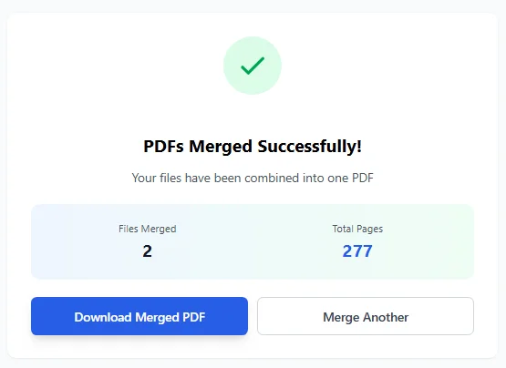 JPG to PDF converter showing successful merge of 277 pages into a single PDF file with download option