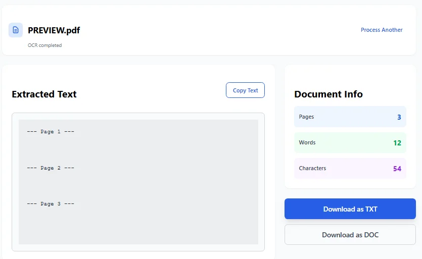 OCR PDF tool showing extracted text preview with options to download as TXT or DOC file