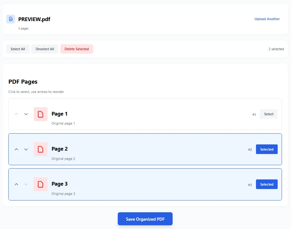 Organize PDF pages interface showing select and reorder functionality with drag and drop controls