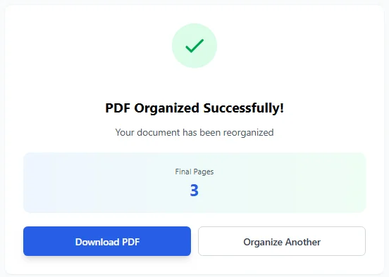 Organize PDF success screen showing final pages confirmation with download option