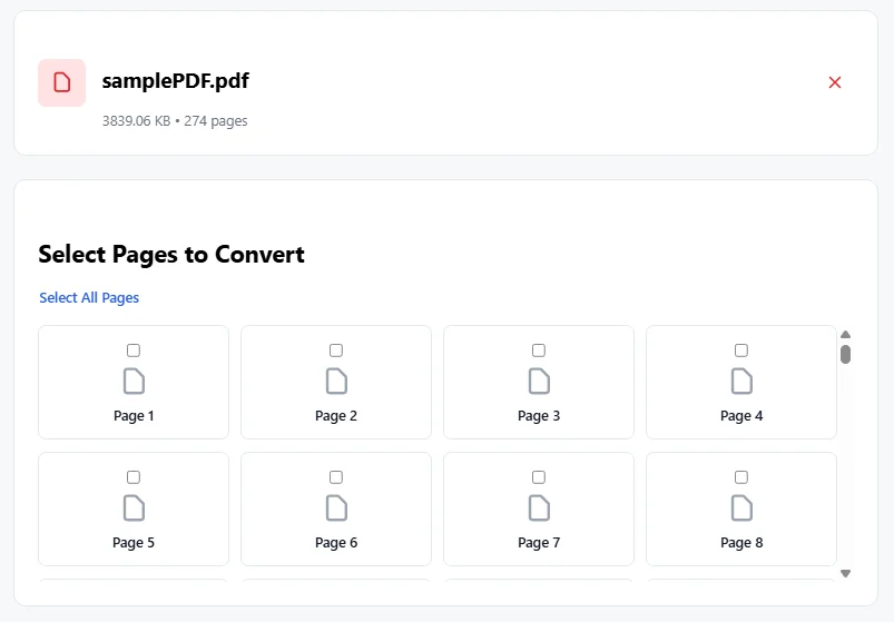 Convert PDF to PowerPoint page selection screen showing uploaded PDF file and selectable pages.